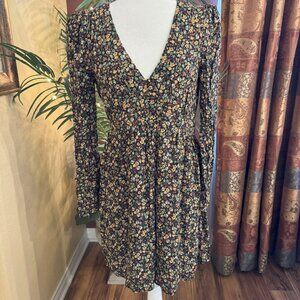 Mango Long Sleeve Floral V-Neck Mini Dress